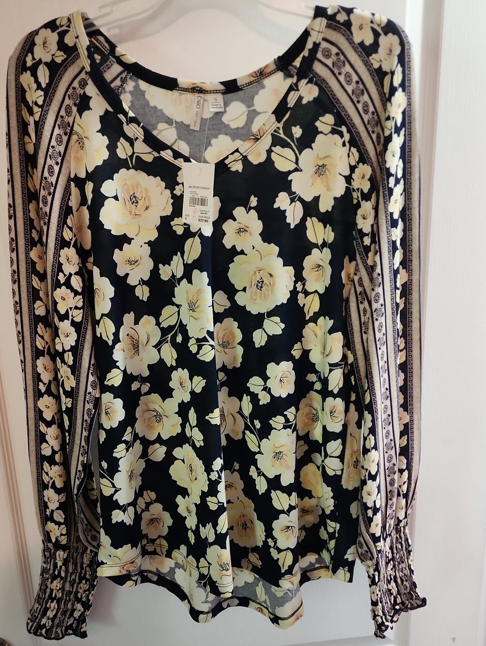 Floral Long-Sleeve Navy and Yellow Blouse Size S